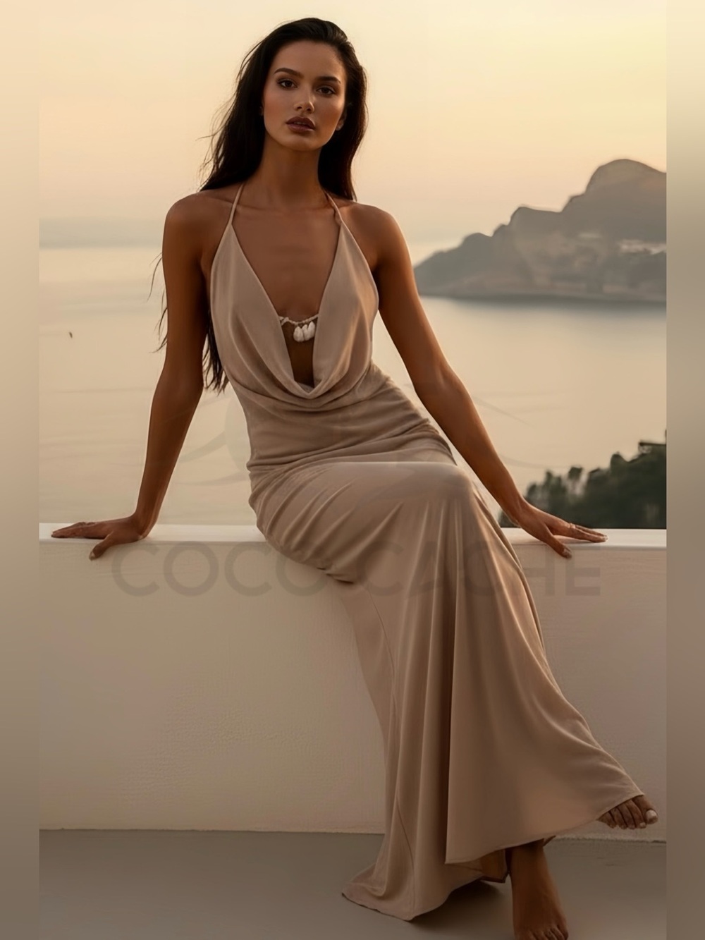 Elegant Chiffon Evening Gown Shell Trim Backless Sheer Maxi Dress Cocktail Party - Picture 5 of 14